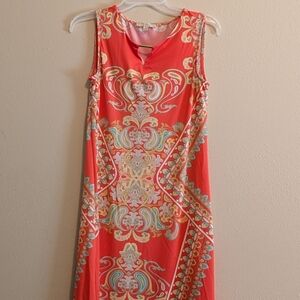 Vibrant Coral Patterned Midi Dress